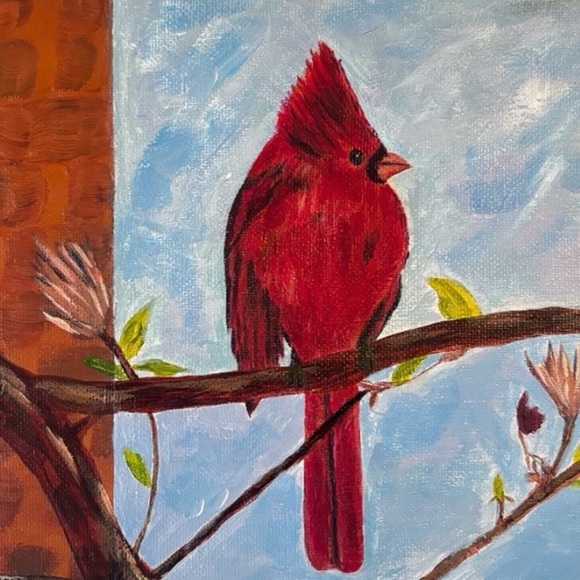 7 x 9 inch Red Cardinal bird original thin acrylic painting on canvas tree - Picture 1 of 4